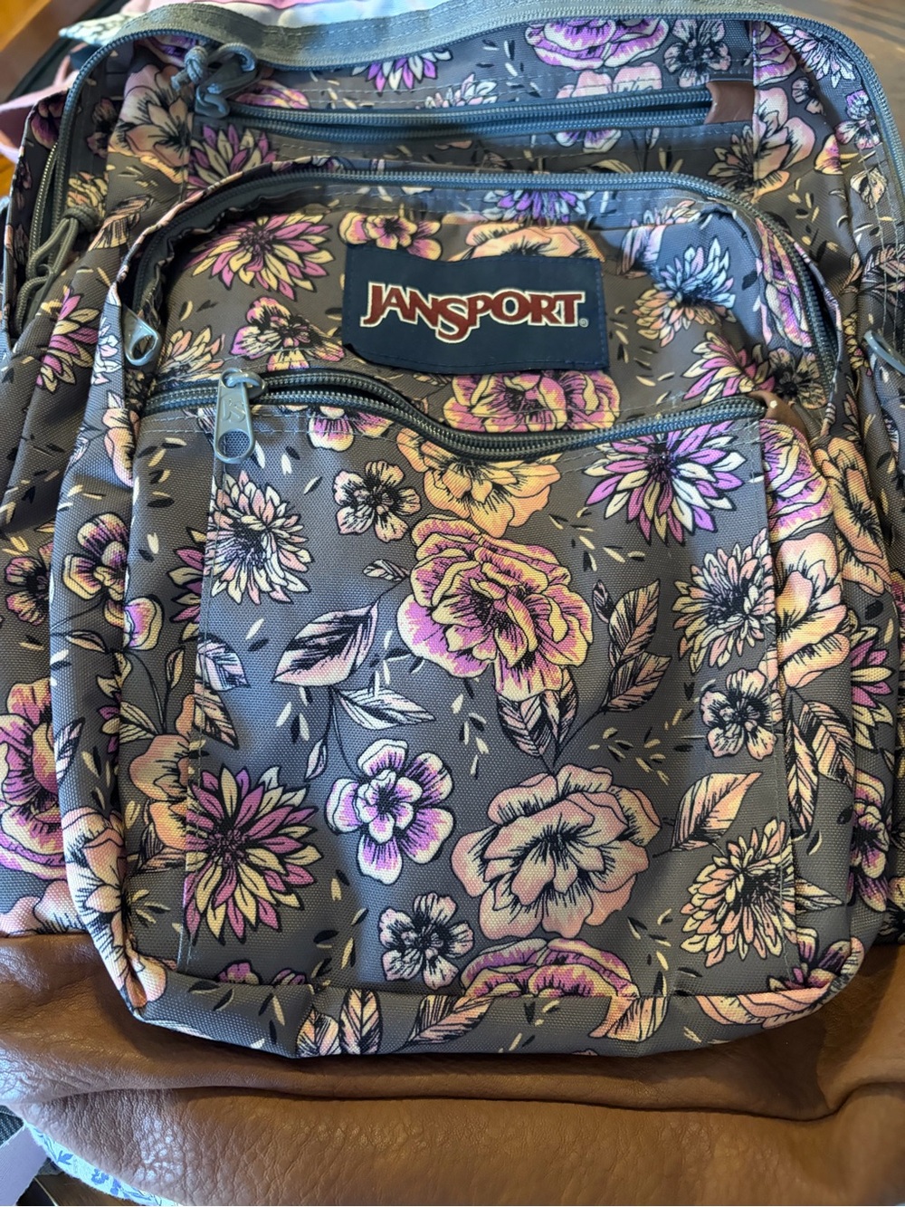 JanSport Gray Floral Backpack with Pink and Purple Flowers